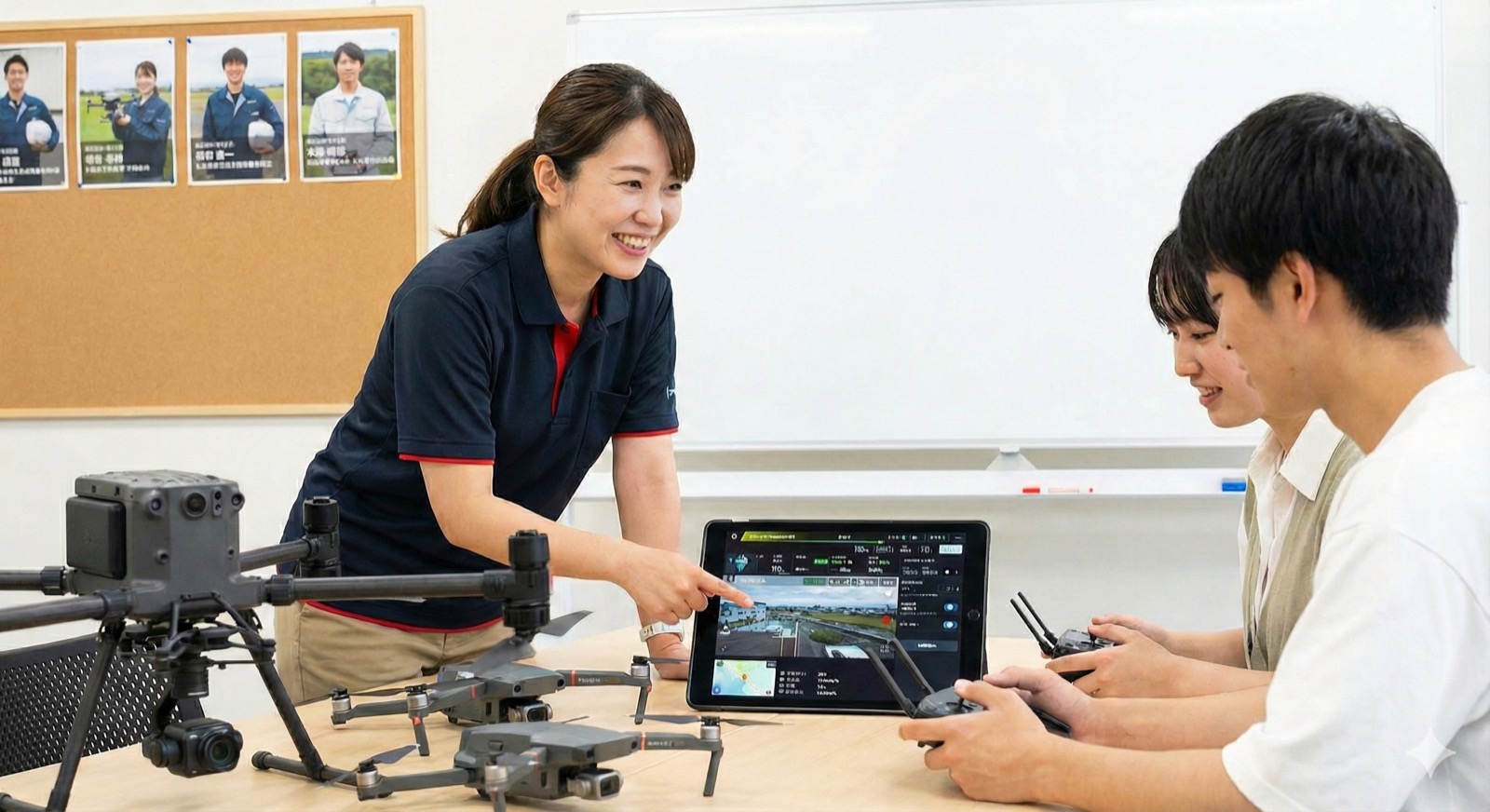 講師がタブレットで操縦画面を見せながら受講生に指導する様子