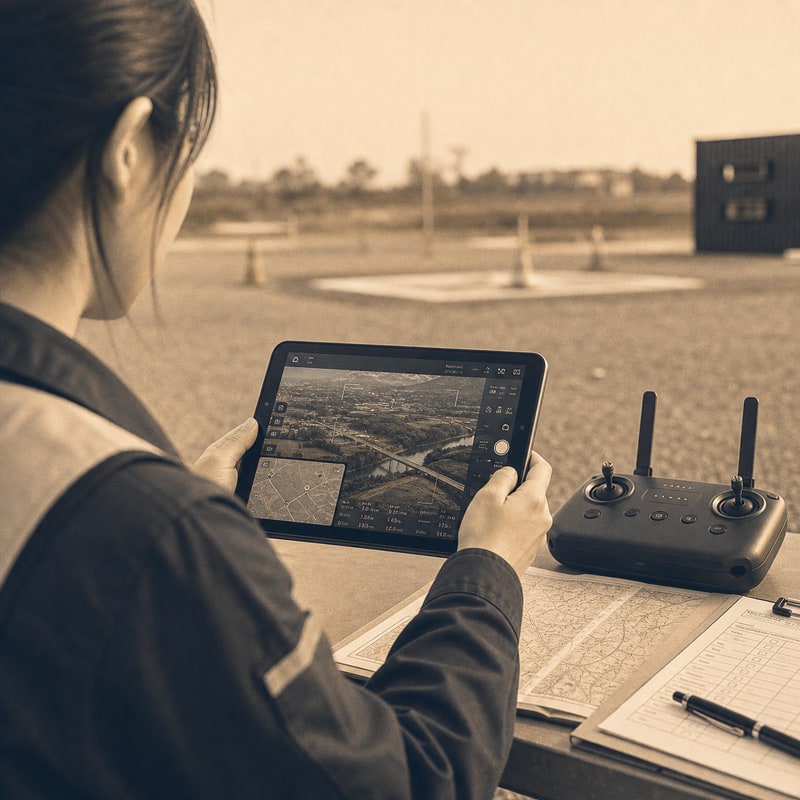 訓練フィールドでタブレットの空撮マップを確認する受講生